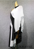 Black and White Latin Practice Dress with High Collar, Single Loose Capelet Sleeve, Fringe Accents, and Asymmetrical Skirt Pra790_in