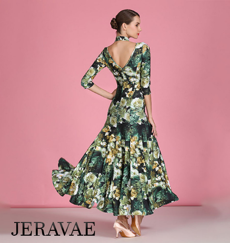 Green floral print on women's ballroom dress