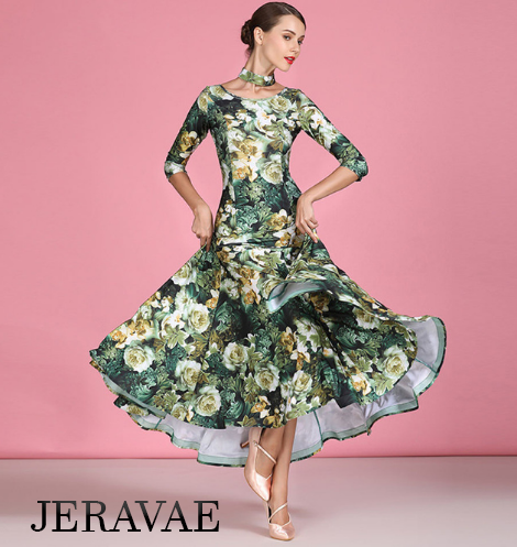 3/4 Sleeve Floral Ballroom Practice Dress with V-Neckline in Back and Detached Collar/Necklace Detail PRA 791 in Stock