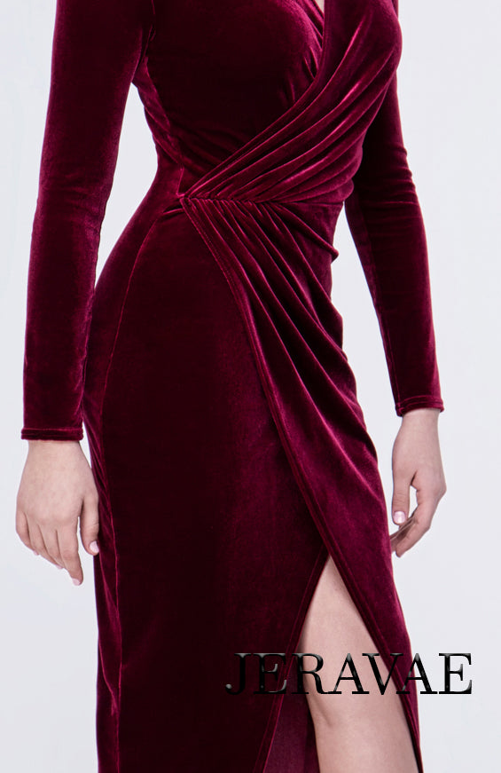 Velvet Long Sleeve Faux Wrap Latin or Rhythm Practice Dress with Slit PRA 360 in Stock