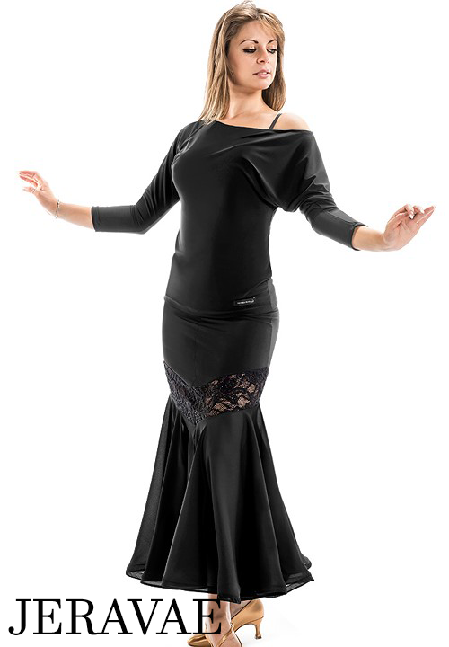 Victoria Blitz APE Long Black Ballroom Practice Skirt with Shimmer Stretch Lace Appliqué Insert PRA 994 in Stock