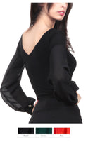 Victoria Blitz ST008 Women's Long Sleeve Ballroom Bodysuit Practice Top with V-Neck on Back Available in Black or Red Pra902 In Stock