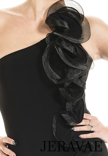 Victoria Blitz Black Ballroom Practice Dress with Asymmetrical Neckline, Flower Shape Decoration, and Open Back Design PRA 904 in Stock