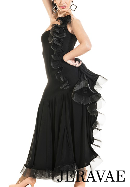Victoria Blitz Black Ballroom Practice Dress with Asymmetrical Neckline, Flower Shape Decoration, and Open Back Design PRA 904 in Stock