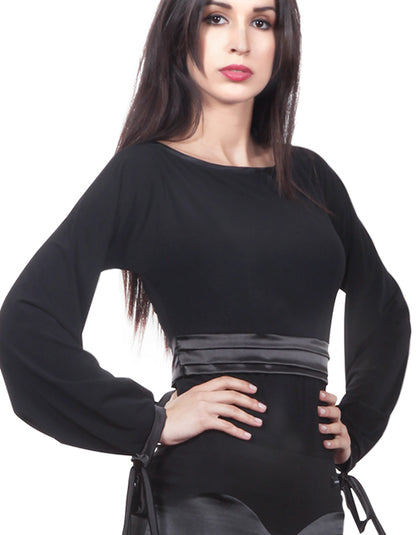 Victoria Blitz ST015 Black Ballroom Practice Top with Lantern Sleeves and Satin Ribbons on Waist and Cuffs PRA 996 in Stock