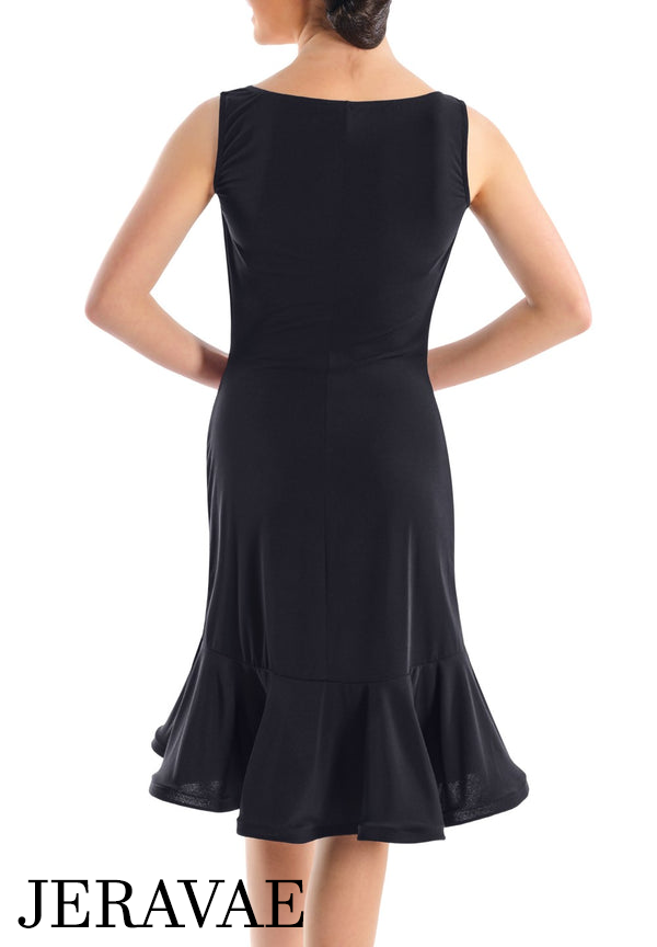 Victoria Blitz Cefalu Sleeveless Black Latin Practice Dress with Draping Design at V-Neckline and Flared Skirt PRA 720 in Stock