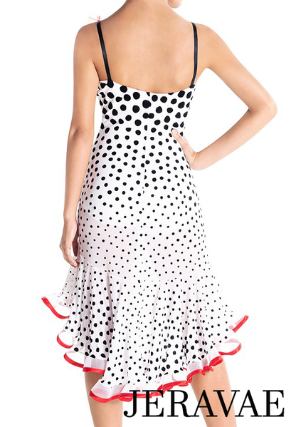 Victoria Blitz Cremona White Mesh Latin Practice Dress with Black Velvet Polka Dots and Red Flower Detail Sizes XS-3XL PRA 905 in Stock