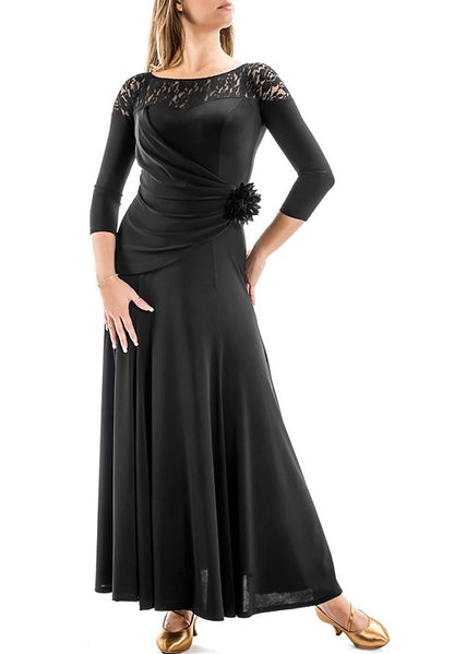 Victoria Blitz Edu Black Ballroom Practice Dress with Lace Neckline, 3/4 Length Sleeves, and Ruching PRA 885 in Stock