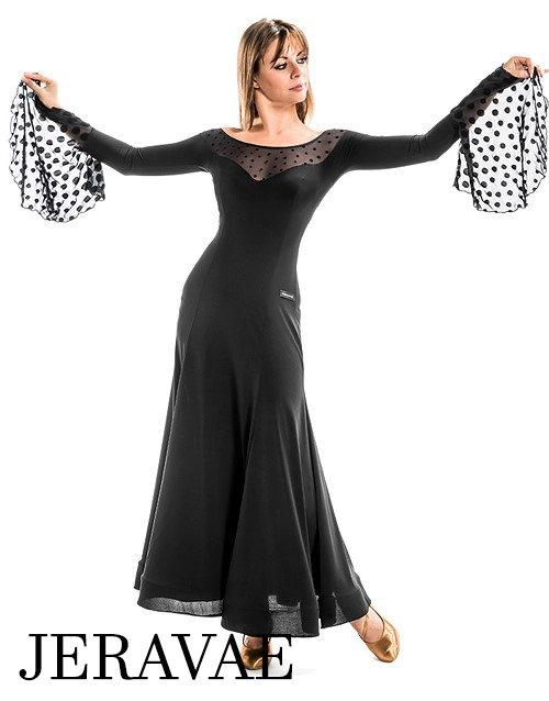 Victoria Blitz Elvi Black Ballroom Practice Dress with Velvet Polka Dots on Flowy Net Sleeves and Illusion Neckline PRA 893 In Stock