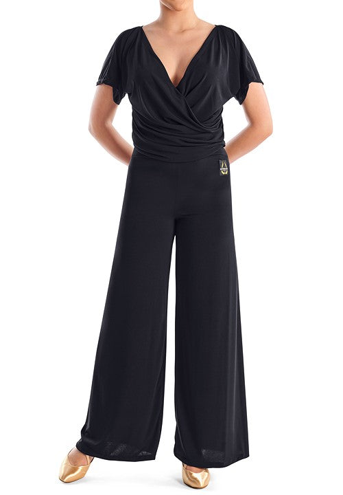 Victoria Blitz Gioiosa Black One Piece Ballroom or Latin Jumpsuit with V-Neckline, Wrap-around Top, Short Sleeves, and Wide Leg PRA 729 in Stock
