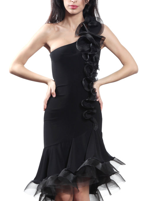 Victoria Blitz La009 Sleeveless Black Latin Practice Dress with Asymmetrical Neckline, Flower Shape Decoration, and Open Back Design PRA 906 In Stock
