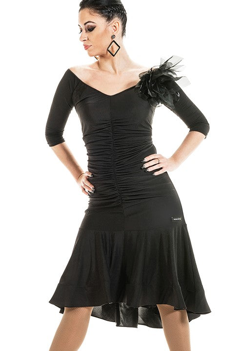 Victoria Blitz La019 Black V-Neck Latin Practice Dress with Rouching, Half Sleeves, and Mesh Decoration PRA 995 in Stock