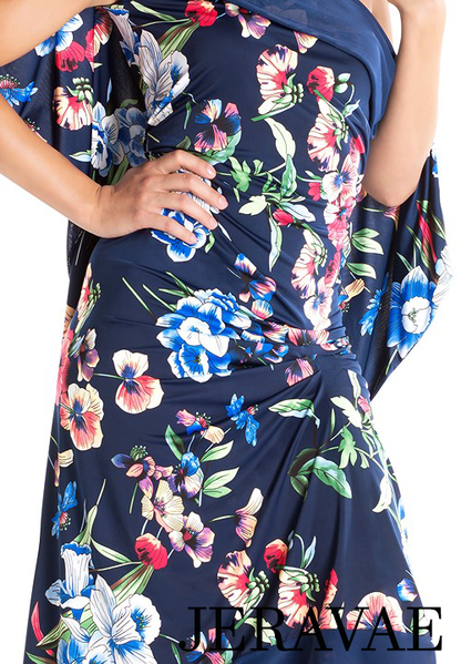 Victoria Blitz MANTOVA Navy Blue Floral Latin Practice Dress with Drape Neckline and Back Available in Sizes XS-3XL PRA 997 in Stock