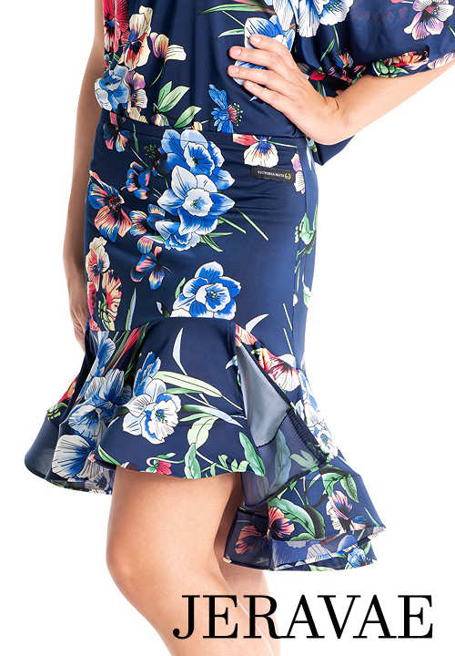 Victoria Blitz MILANO Navy Blue Floral Latin Practice Skirt with Side Slit and Wrapped Horsehair Hem Available in Sizes XS-3XL PRA 1001 in Stock