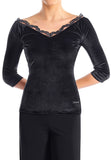 Victoria Blitz Page Black Velvet Ballroom Practice Top with V-Neckline, Scalloped Lace Trim, and 3/4 Sleeves Pra738 In Stock