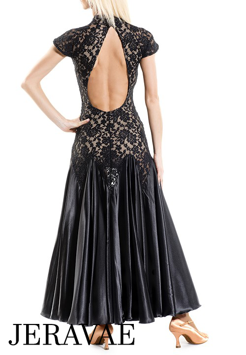 Victoria Blitz Black Lace Short Sleeve Ballroom Practice Dress with High Collar, Cutout Back, and Slit in Satin Skirt PRA 891 in Stock
