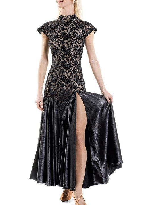 Victoria Blitz Black Lace Short Sleeve Ballroom Practice Dress with High Collar, Cutout Back, and Slit in Satin Skirt PRA 891 In Stock