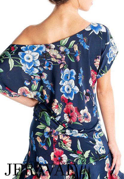Victoria Blitz PISA Navy Blue Floral Practice Dance Top with Loose Short Sleeves Available in Sizes XS-3XL PRA 1000 in Stock