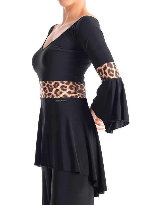 Victoria Blitz Reggio Leopard Ballroom or Latin Black Practice Top with V-Neckline, 3/4 Bell Sleeves, Flared Bottom, and Leopard Print Bands PRA 746 In Stock