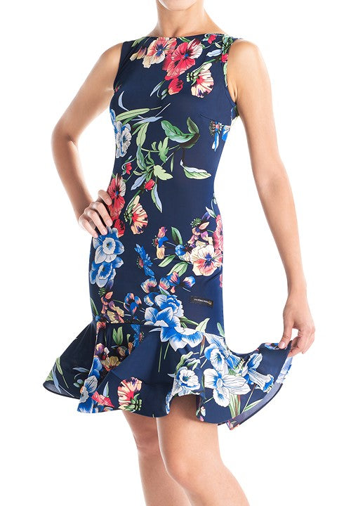 Victoria Blitz SORRENTO Sleeveless Navy Blue Floral Latin Practice Dress with Boat Neck and Wrapped Horsehair Hem Available in Sizes XS-3XL PRA 999 in Stock