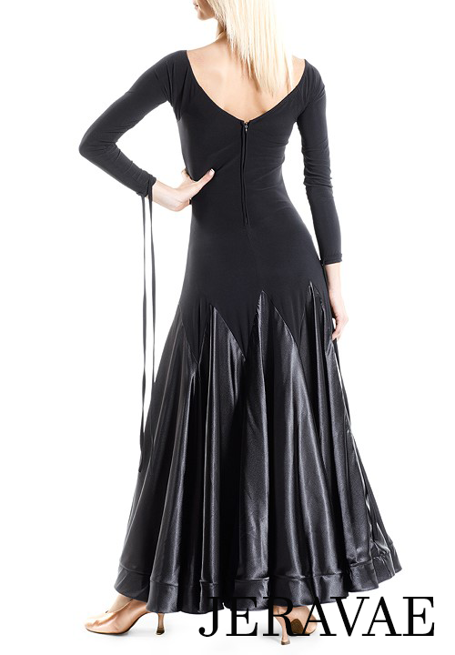 Victoria Blitz Vich Standard Ballroom Practice Dress with Ribbon Floats on Long Sleeves, V-Cut Back, and Satin Skirt in Sizes XS-3XL PRA 899 in Stock