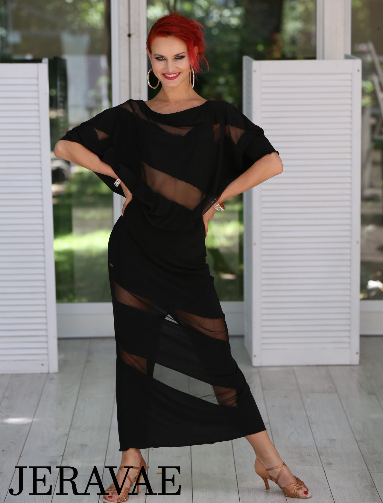 Senga Dancewear VOGUE Long Black Latin Practice Dress with Dolman Sleeves, Diagonal Mesh Inserts, and High Back Slit PRA 982 in Stock
