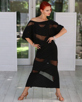 Senga Dancewear VOGUE Long Black Latin Practice Dress with Dolman Sleeves, Diagonal Mesh Inserts, and High Back Slit Pra982 in Stock