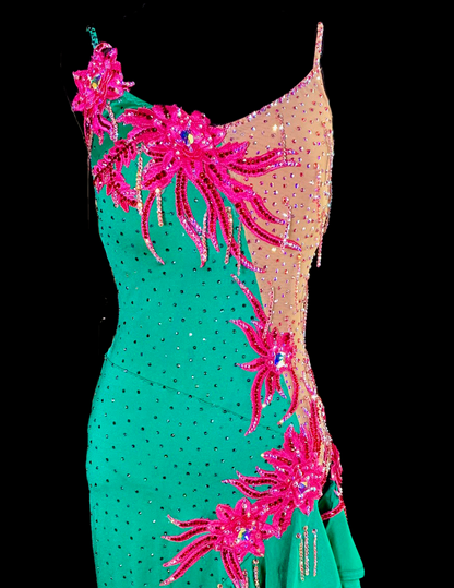 Sleeveless Green and Nude Latin Dress with Open Back, Ruffle Skirt with Angle Cut, Swarovski Stones, and Pink Lace Appliques in Floral Design Sz S Lat143