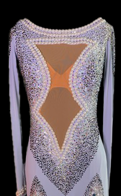 Resale Artistry in Motion Pale Purple/Gray Ballroom Dress with Pearls, Swarovski Stones, Black Widow Mesh Insert on Front, Feather Gussets, and Removable Feather Floats Sz S Smo117