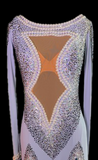 Resale Artistry in Motion Pale Purple/Gray Ballroom Dress with Pearls, Swarovski Stones, Black Widow Mesh Insert on Front, Feather Gussets, and Removable Feather Floats Sz S Smo117