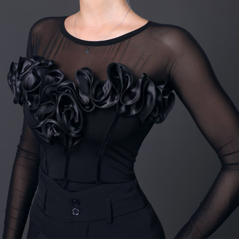 Women's Black Bodysuit Practice Top with Corset Style Waistline, Long Sleeves, 3D Satin Ruffle Detail, and White Flower Buttons on Back PRA 910 in Stock