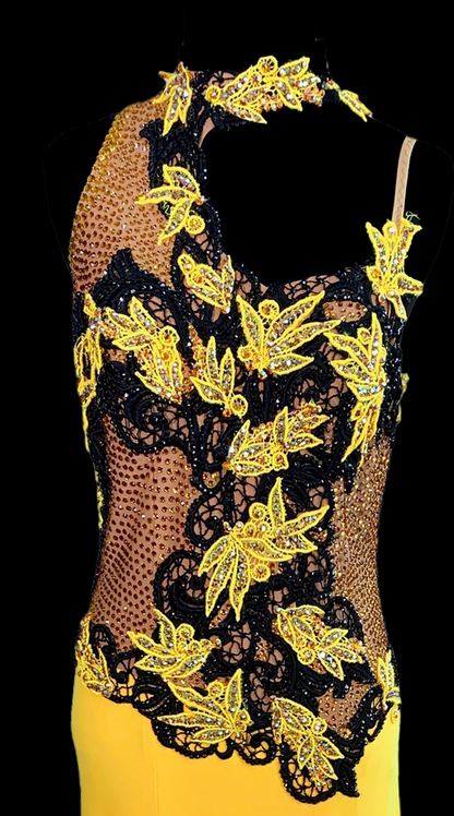 Resale Artistry in Motion Yellow Smooth Ballroom Dress with Black and Yellow Lace Appliqué, Swarovski Stones, and Semi-High Collar Sz M/L Smo203