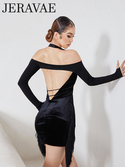 ZYM Dance Style Aodely Velvet 2 Piece Set Black Latin Practice Dress with Halter Neckline, Fringe Details on Sides, and Open Back PRA 786 in Stock