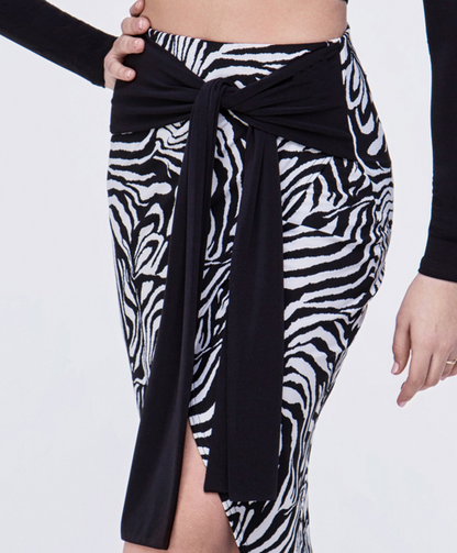 Zebra, Leopard Print, or Black Pencil Latin Practice Skirt with Front Sash Tie and Short Slit PRA 640