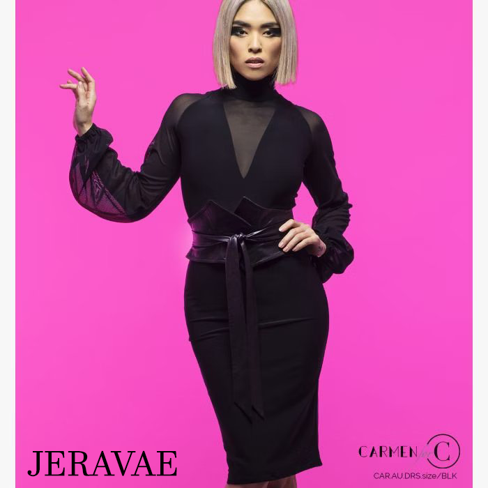 Chrisanne Clover Audrey Black Latin Practice Dress with High Collar, V-Neckline, Sheer Balloon Sleeves, and Pencil Skirt PRA 943 in Stock