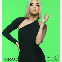 Chrisanne Clover Ava Black Latin Practice Dress with Single Long Sleeve, Asymmetric Neckline, and Angle Cut Skirt Pra942 in Stock