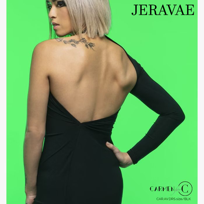 Chrisanne Clover Ava Black Latin Practice Dress with Single Long Sleeve, Asymmetric Neckline, and Angle Cut Skirt PRA 942 in Stock