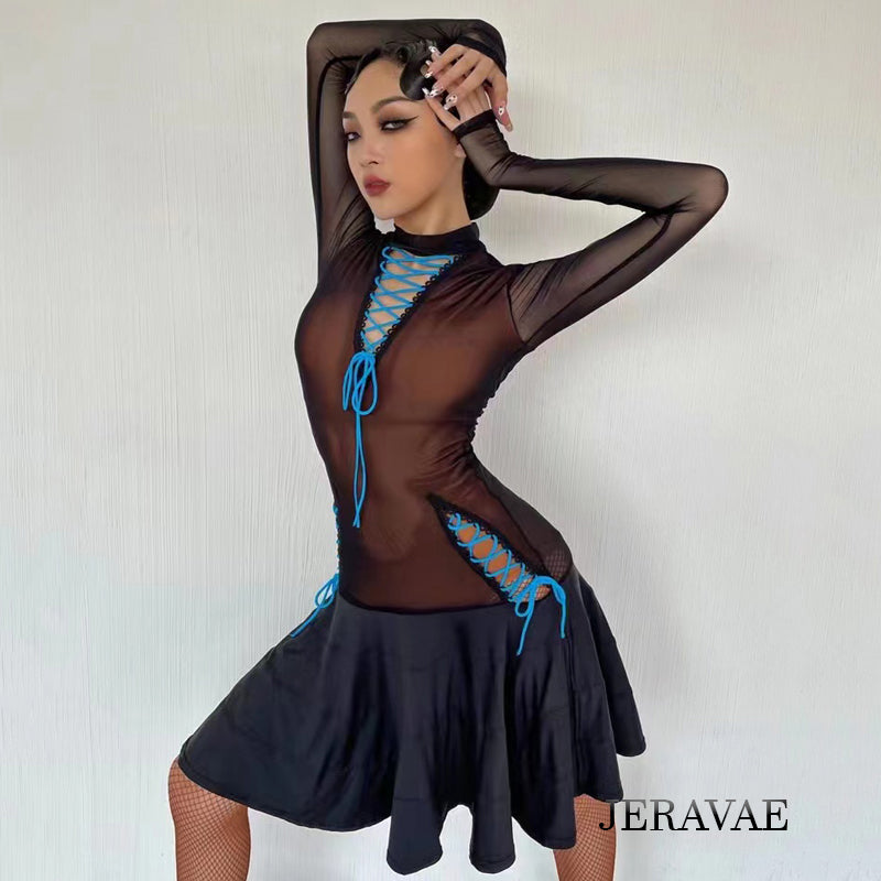 Black latin practice skirt with blue fringe underskirt and lace accents with nude bodice under black mesh
