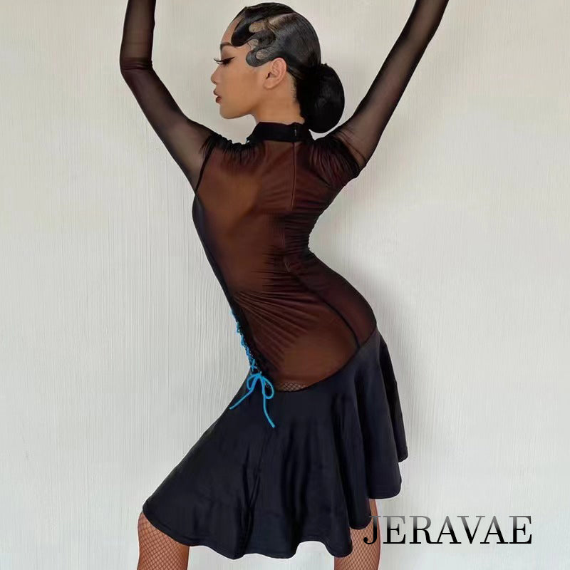 long sleeved black latin practice dress with black mesh over nude lycra bodice