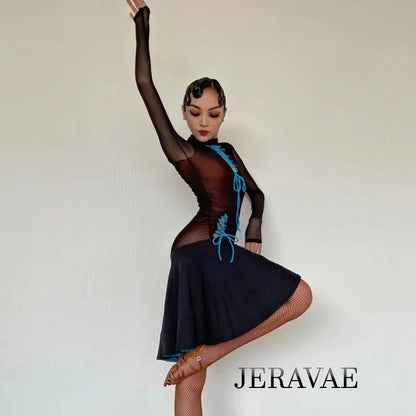 Black Latin Practice Dress with Blue Lace Accents, Blue Fringe Underskirt, Long Sleeves, and Nude Lycra Bodice with Black Mesh Overlay PRA 780 in Stock