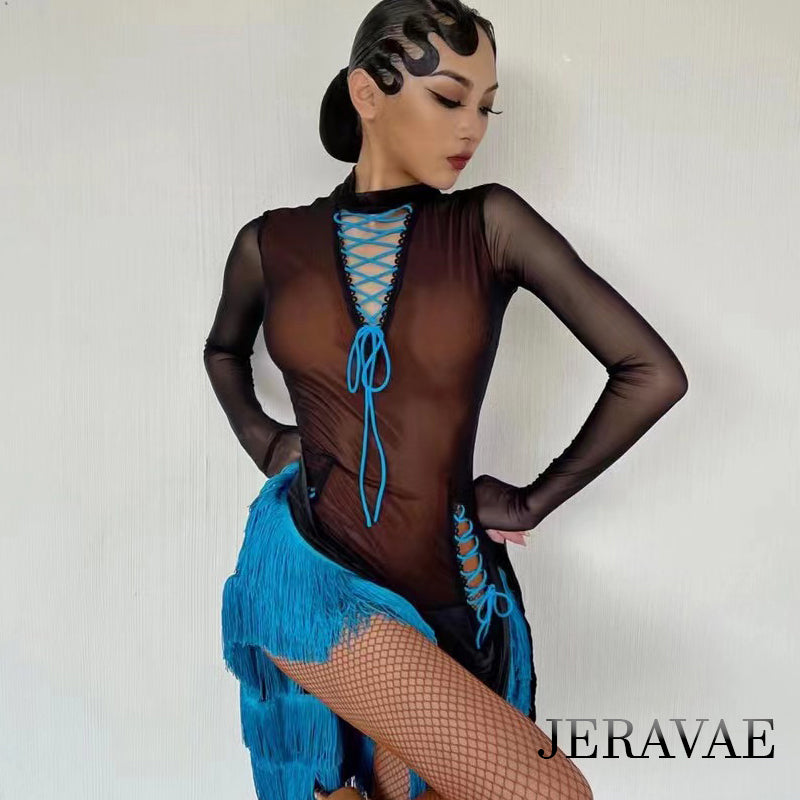 Nude lycra Bodice with Black Mesh Overlay on Black Latin Dress