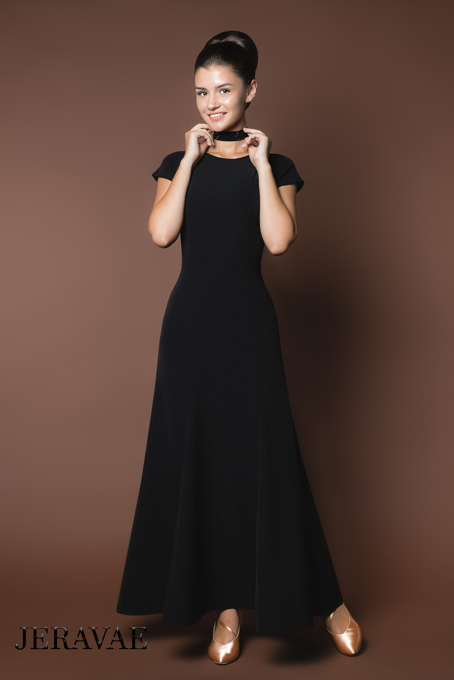 Sleek Black Ballroom Practice Dress with Short Sleeves and Wrapped Horsehair Hem PRA 617