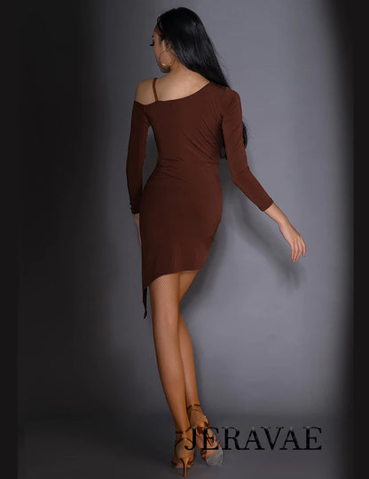 Black or Coffee Latin Practice Dress with Belt Sash, Single Strap, and Asymmetrical Skirt PRA 753_sale