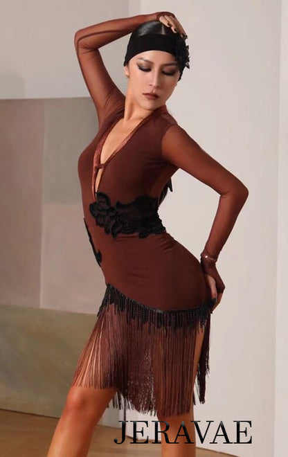 Long Sleeve Brown Mesh Fringe Latin Dress with Black Lace Appliques and Hanging Beads PRA 758_in
