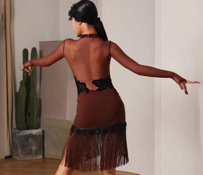 Brown Mesh Latin Dress with Black Appliqués, Fringe, and Hanging Beads PRA 758_sale