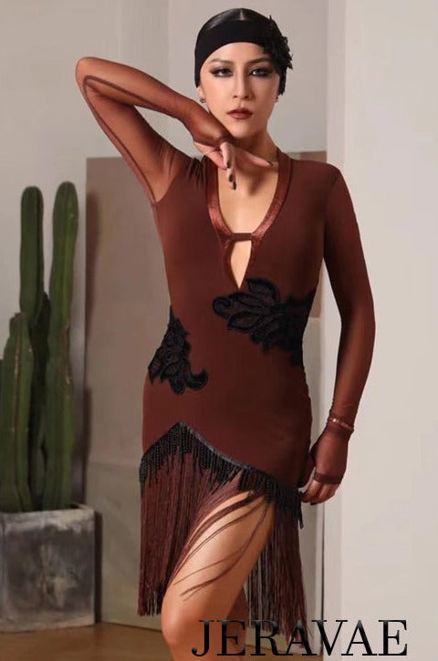 Long Sleeve Brown Mesh Fringe Latin Dress with Black Lace Appliques and Hanging Beads PRA 758_in