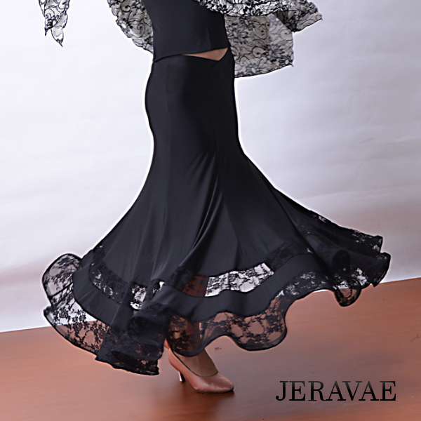 Long Black Ballroom Practice Skirt with V-Shaped Front Soft Stretch Waistband and Double Lace Panels PRA 810