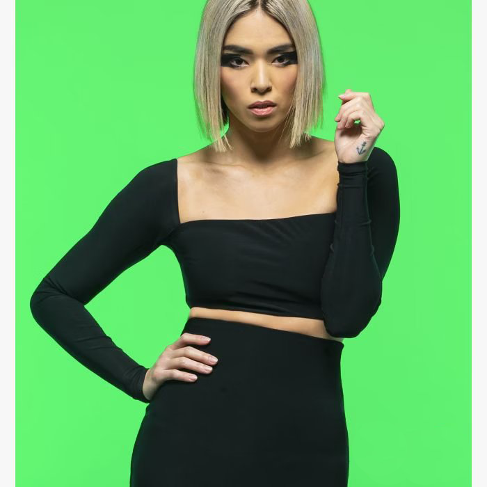 Chrisanne Clover Brigette Long Sleeve Black Latin Practice Crop Top with Square Cut Neck and Back Pra939 in Stock