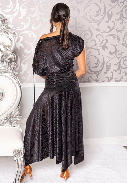 Women's Bloused Corset Black Burnout Velvet Ballroom Dress with Copper Threading by Dance America D204