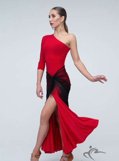 Single Sleeve Ballroom Dress with High Leg Slit with Optional Tie Shawl Skirt PRA 302